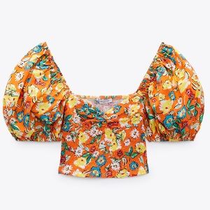 Zara Orange Floral Puff Balloon Sleeve Crop Top NWT